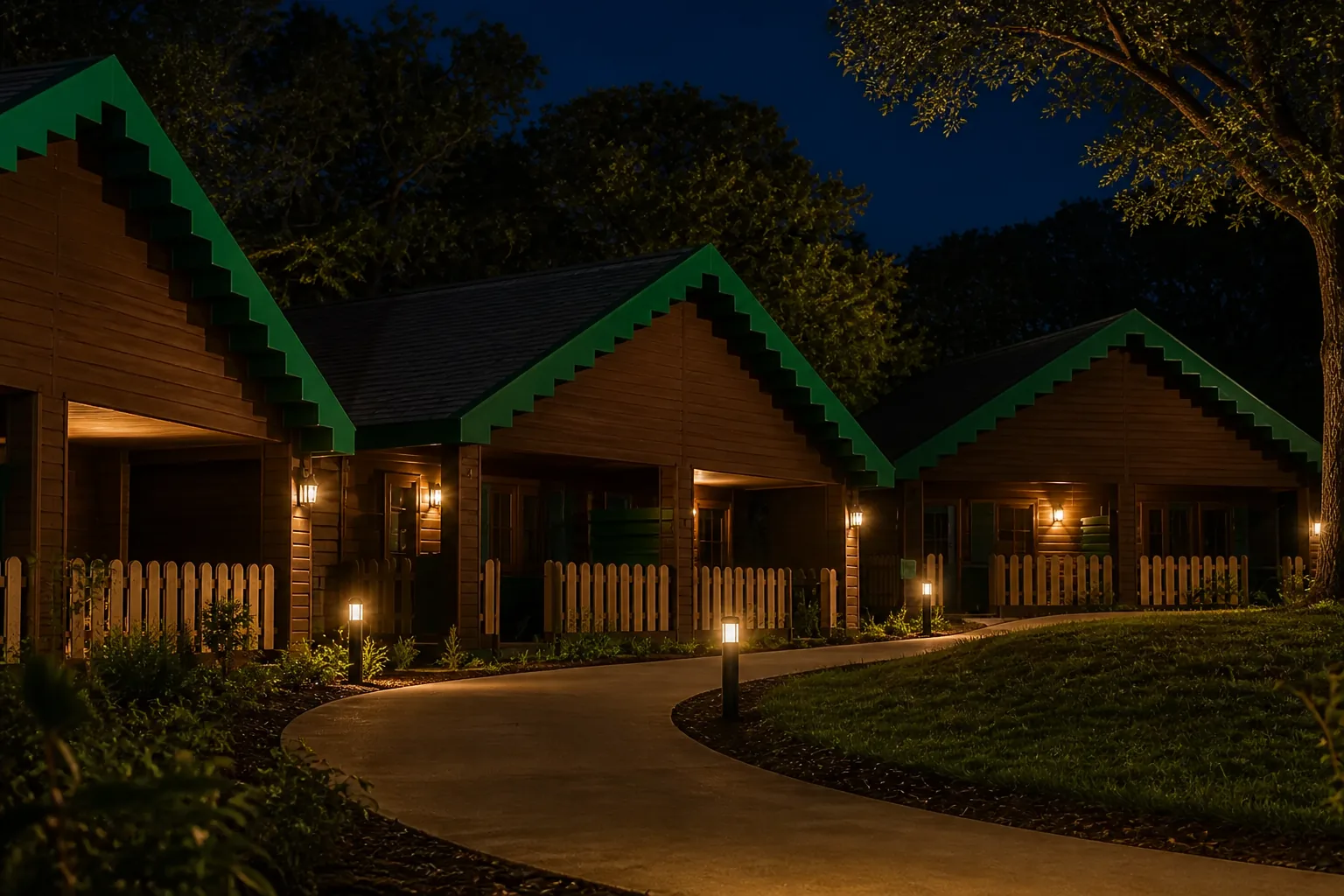 Woodland cabins after dark